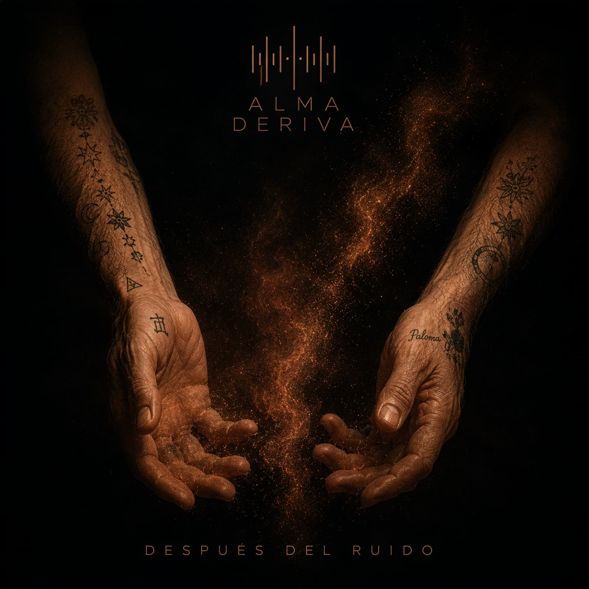 Manos tatuadas dejando caer polvo dorado, portada Después del ruido de Alma Deriva